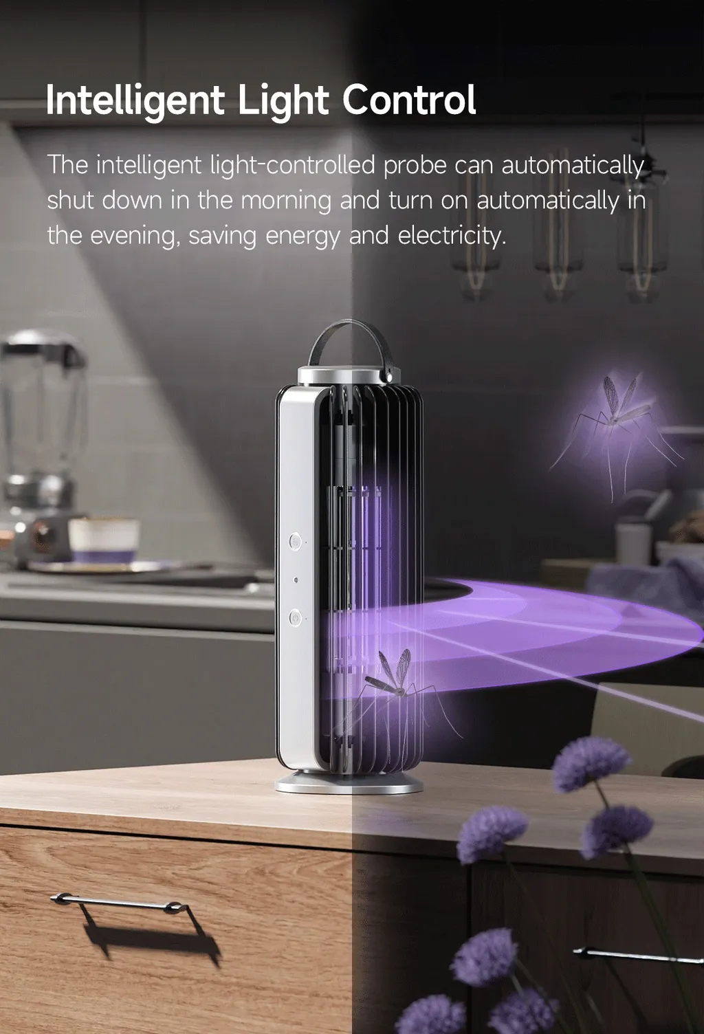 Rechargeable insect trap for indoor and outdoor with intelligent light control for energy savings