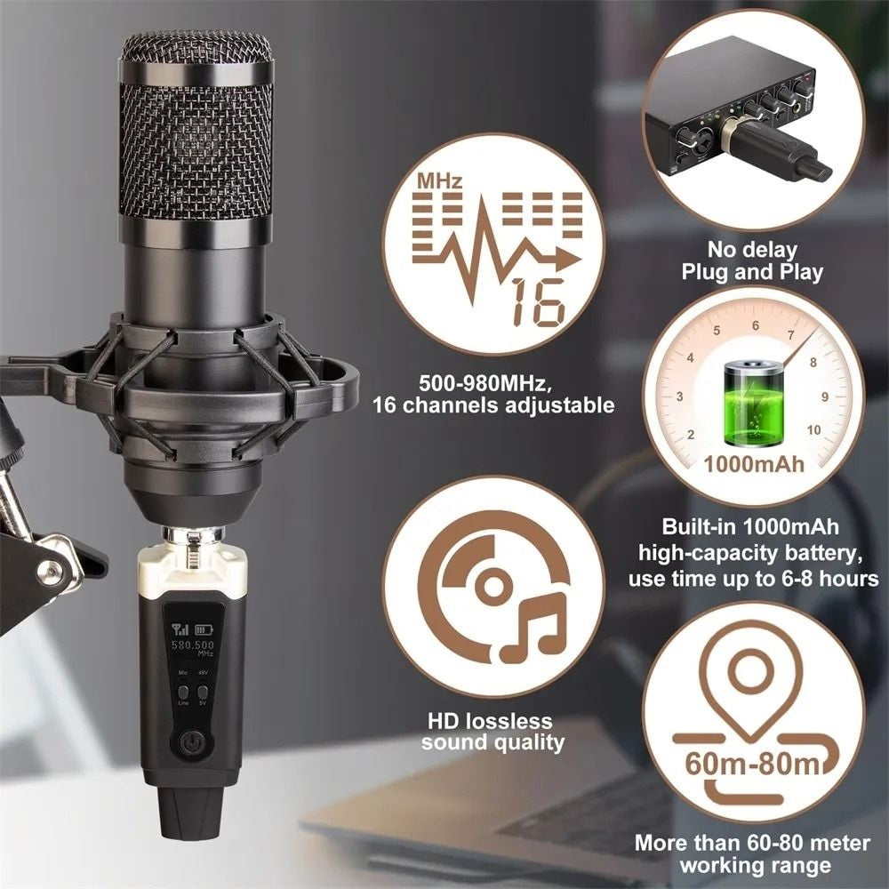 UHF Wireless Microphone System with rechargeable XLR microphone transmitter and 1000mAh battery