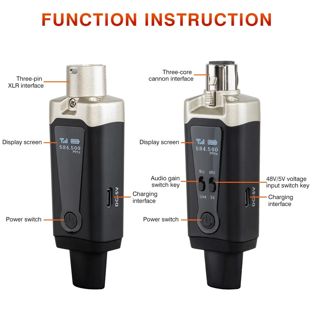 Rechargeable XLR microphone transmitter with display screen and audio gain controls