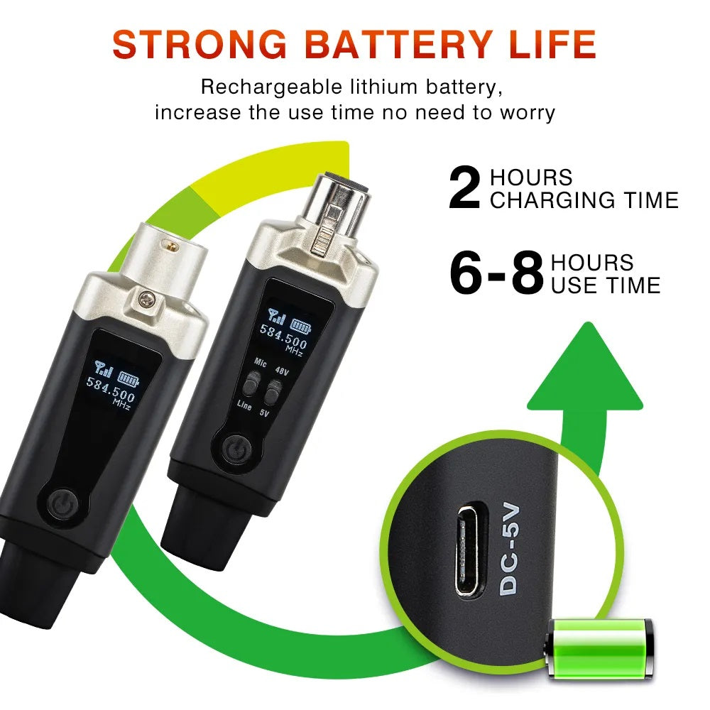 Rechargeable XLR microphone transmitter with strong battery life for optimal performance