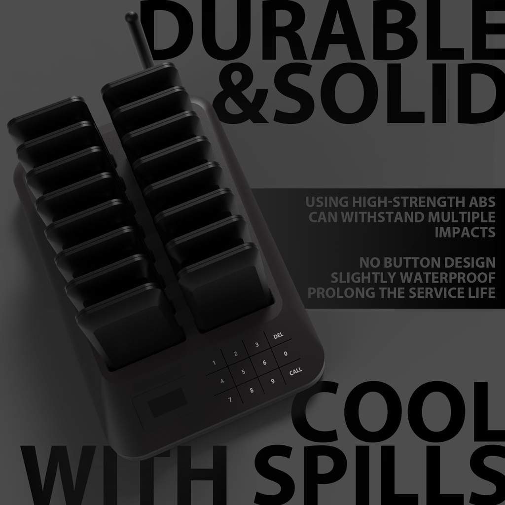 Restaurant Guest Pager System with durable black pagers and charging station
