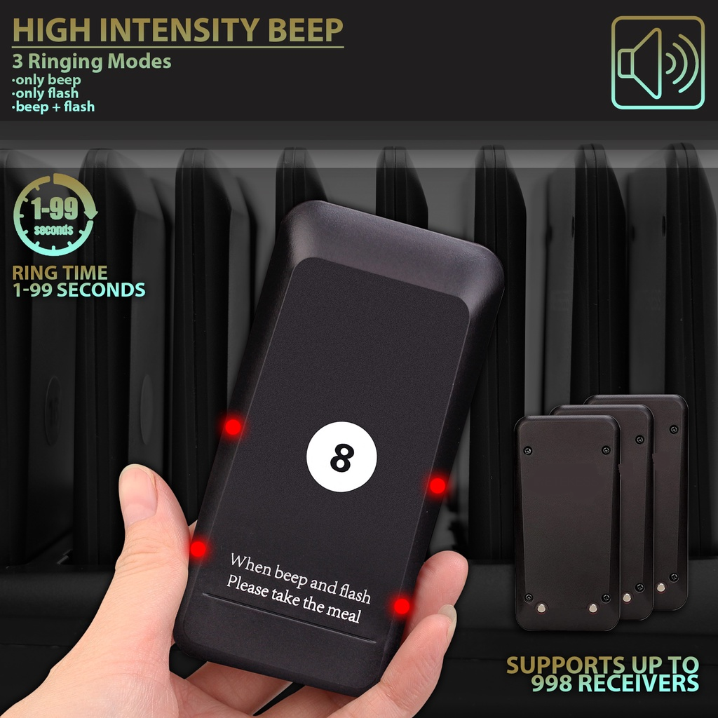 Restaurant Guest Pager System with high intensity beep and three ringing modes holding pager number eight