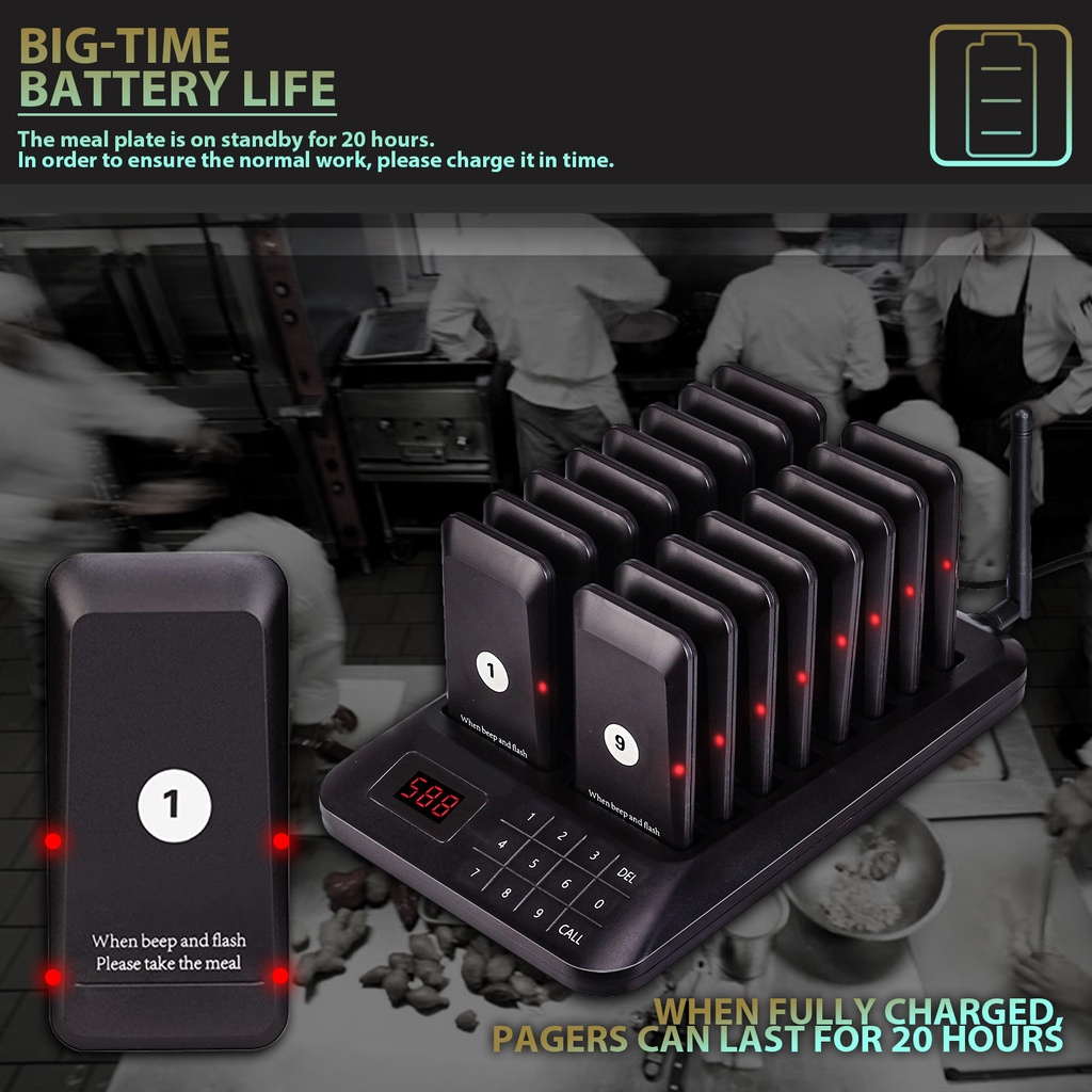 Restaurant Guest Pager System with long battery life and multiple pagers on charging dock