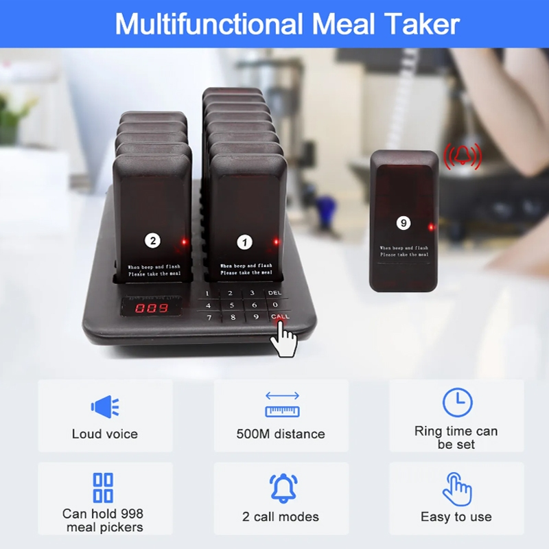 Restaurant Guest Pager System with multiple black pagers on charging base for efficient seating management