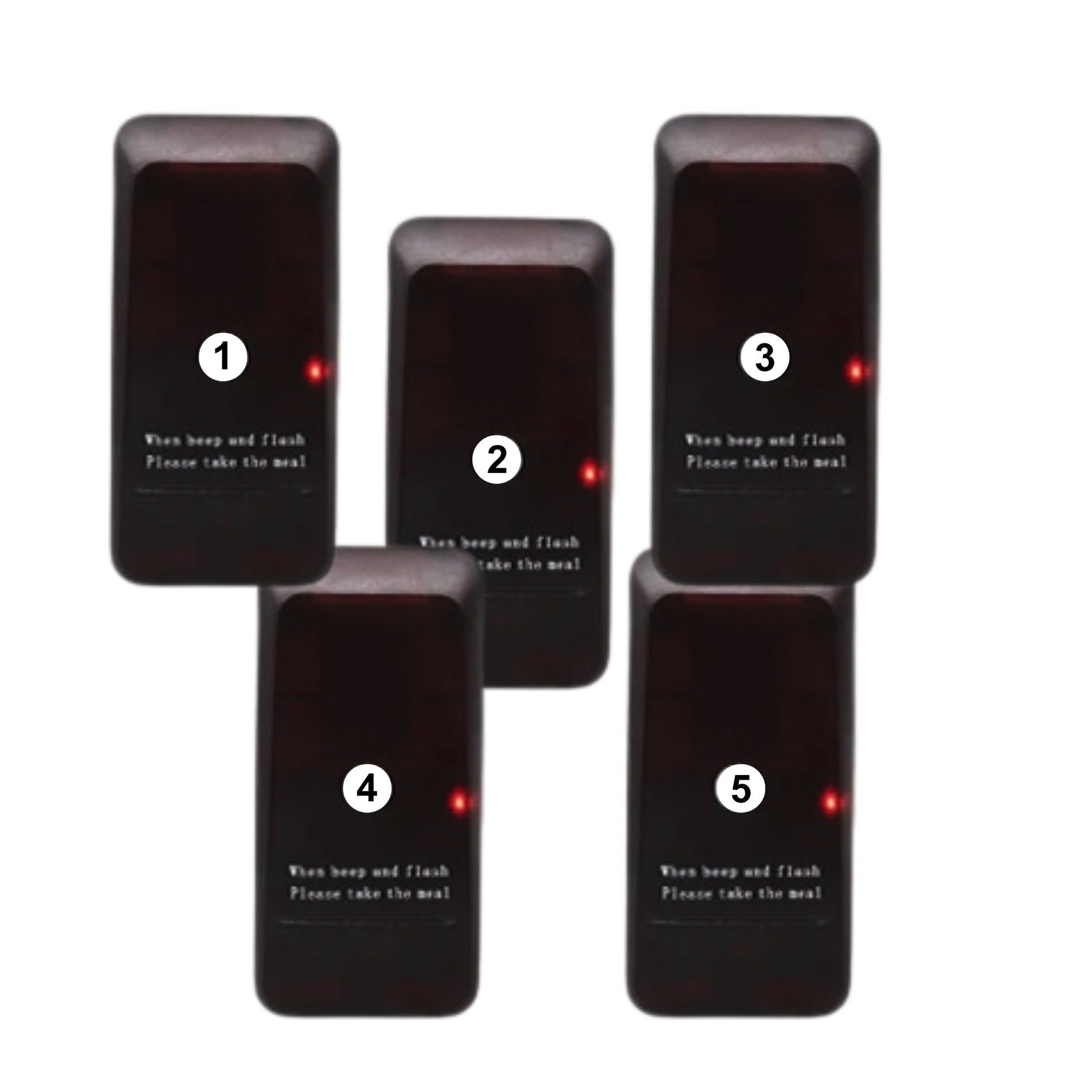 Restaurant Guest Pager System with five black pager devices displaying notification lights