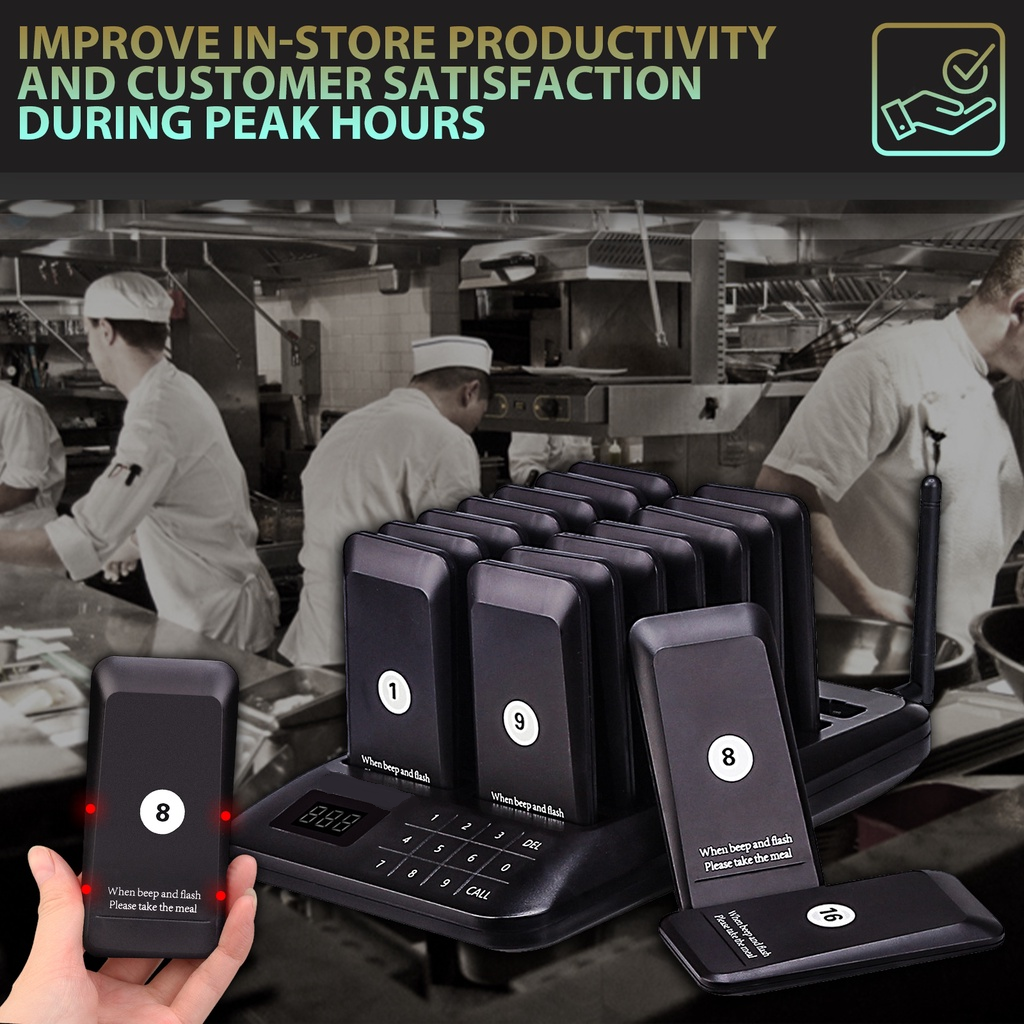 Restaurant Guest Pager System with multiple black pagers and charging station for efficient customer service