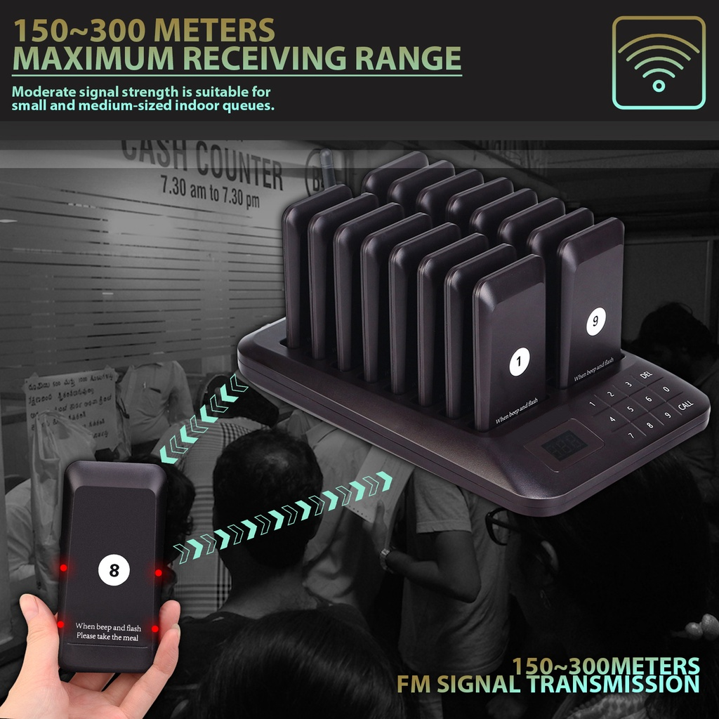 Restaurant Guest Pager System with 150 to 300 meters maximum receiving range and FM signal transmission