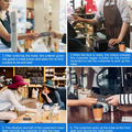 Restaurant Guest Pager System showing meal picker, control keyboard, vibrating pager, and customer pickup process