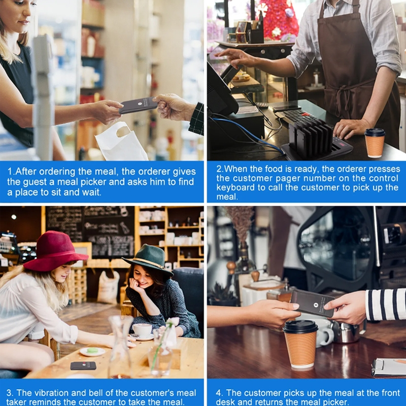 Restaurant Guest Pager System showing meal picker, control keyboard, vibrating pager, and customer pickup process