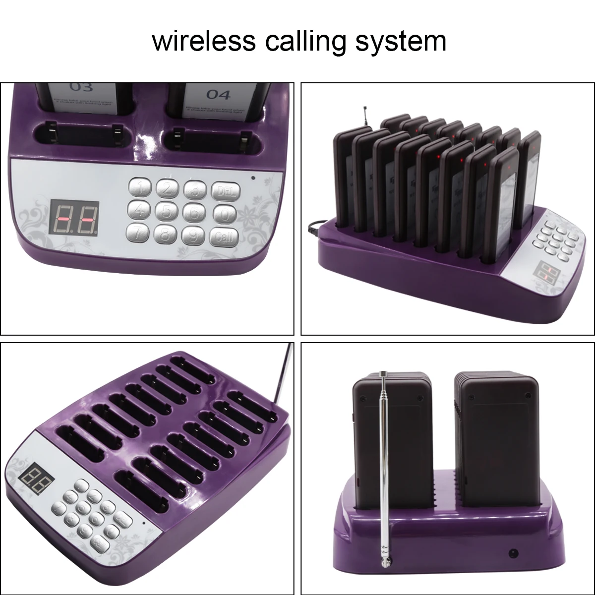 Restaurant Guest Paging System with multiple wireless pagers and charging station in purple