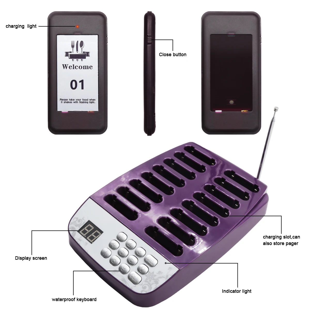Restaurant Guest Paging System with multiple pagers and charging station with display screen