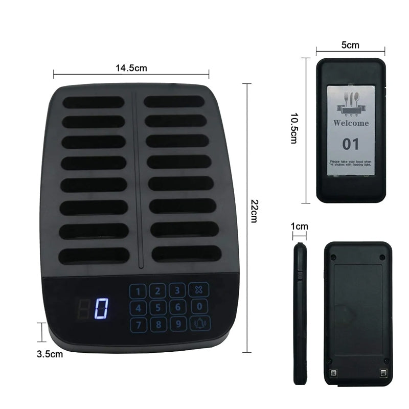 Restaurant Guest Paging System with black base and multiple pagers for efficient customer management