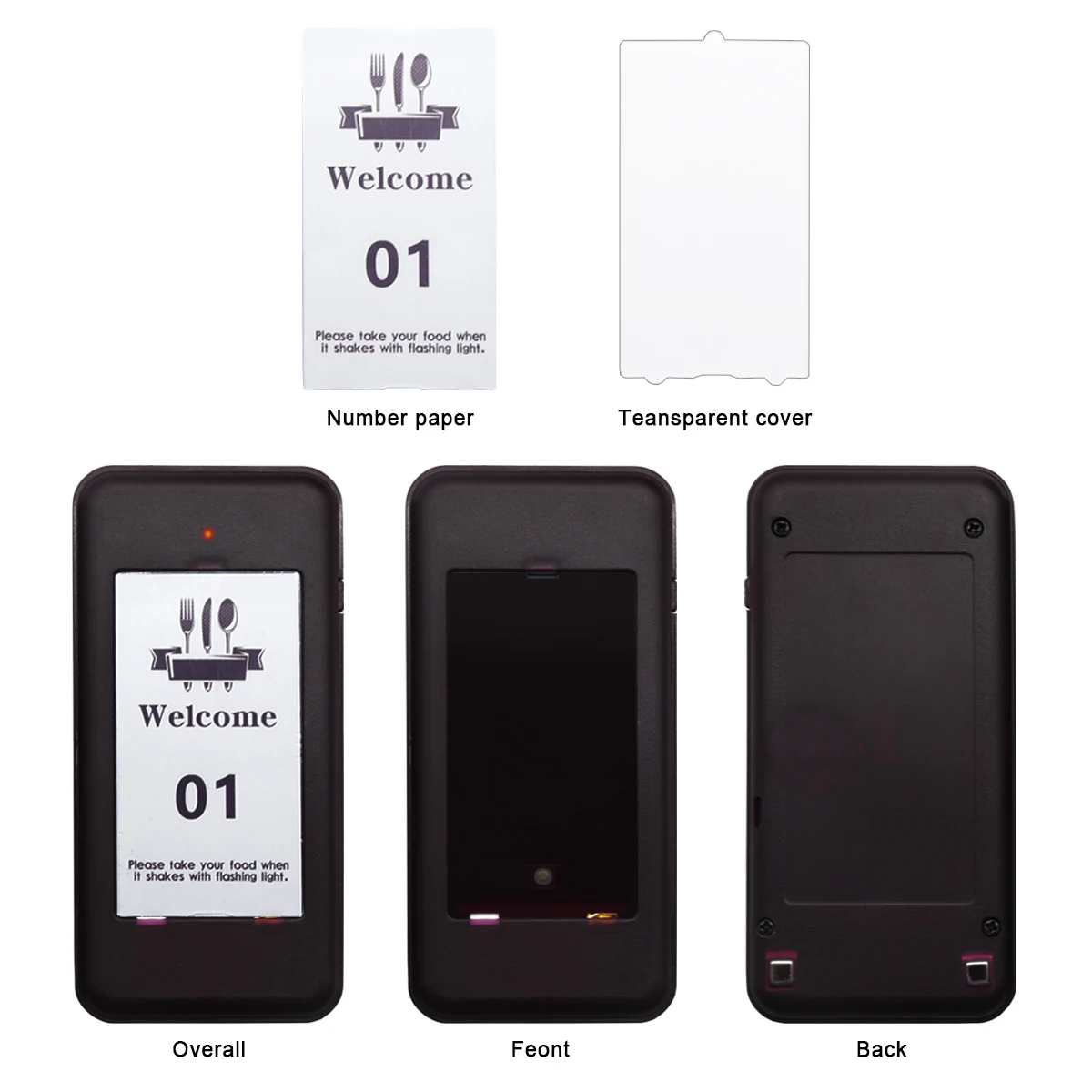 Restaurant Guest Paging System showing front, back, and components including number paper and transparent cover