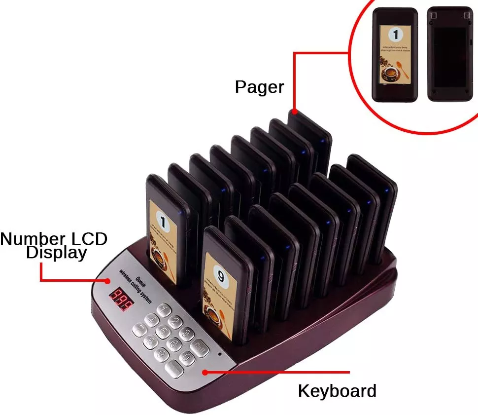 Restaurant Guest Paging System with numbered LCD display pagers and control keyboard