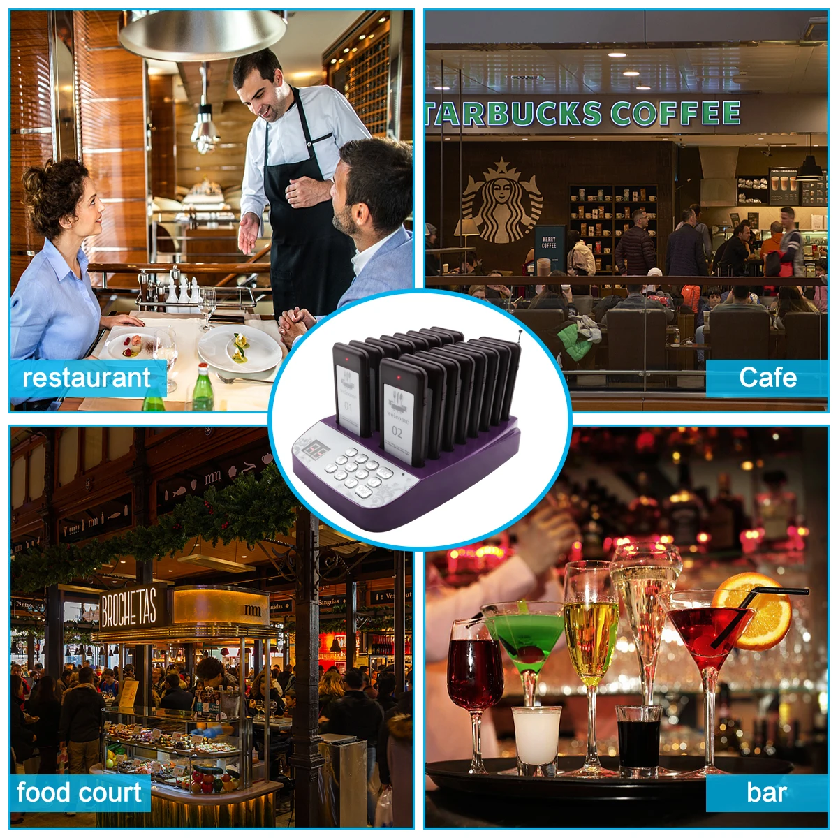 Restaurant guest paging system with multiple pagers shown for use in restaurants cafes food courts and bars
