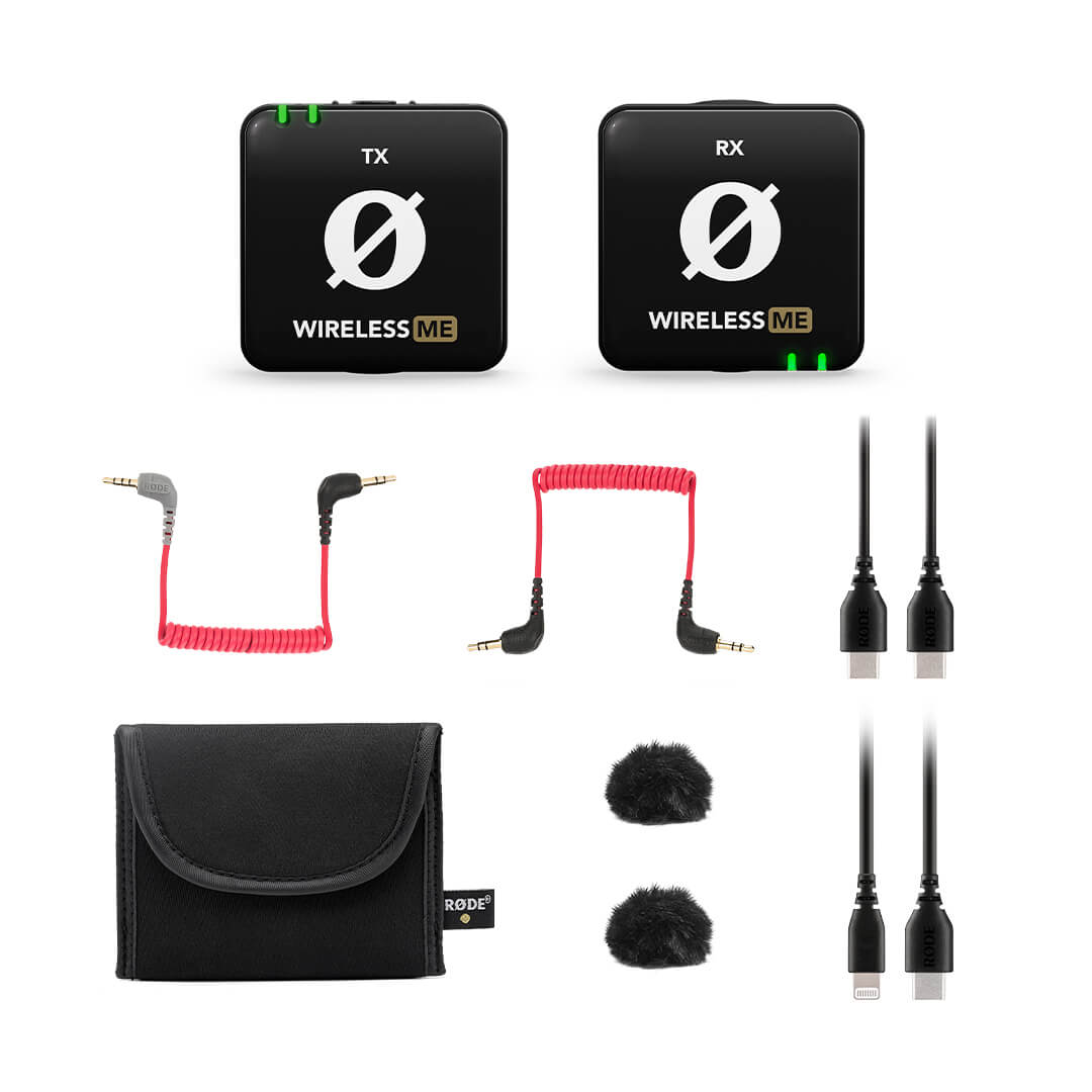 Rode Wireless ME Microphone System with two transmitters, cables, and storage pouch for versatile audio recording