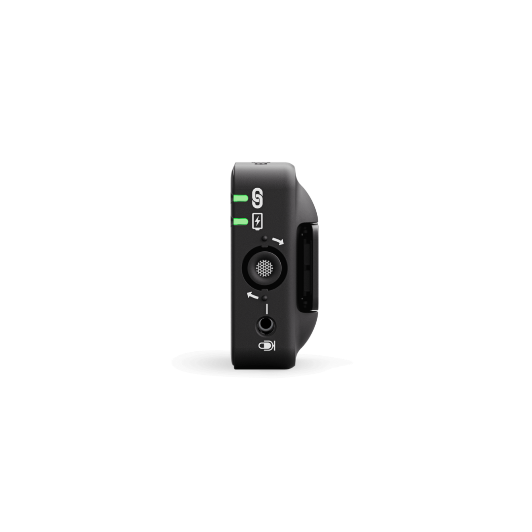 Rode Wireless ME Microphone System side view showcasing controls and connectors for seamless audio capture