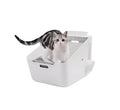 Self-Cleaning Cat Litter Box with a sleek design and a cat comfortably exploring inside