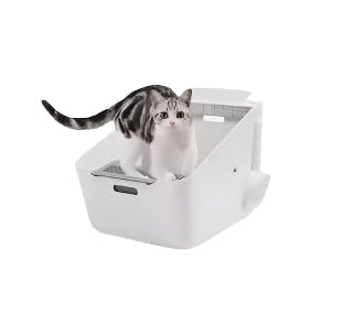 Self-Cleaning Cat Litter Box with a sleek design and a cat comfortably exploring inside