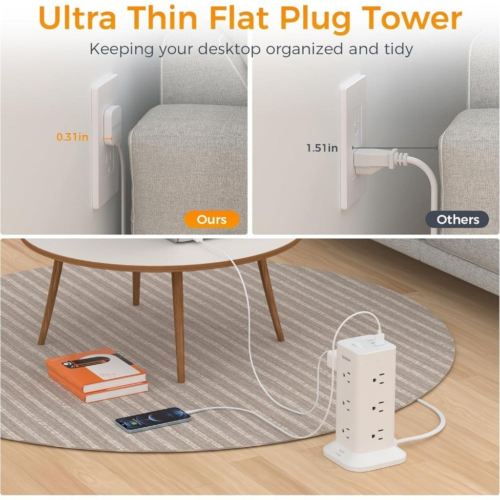 Tessan TPS04 Flat Plug Extension Cord 6Ft with 12 Multiple Outlets 3 USB Ports (1 USB C) Power Strip