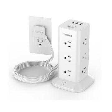 Tessan TPS04 Flat Plug Extension Cord 6Ft with 12 Multiple Outlets 3 USB Ports (1 USB C) Power Strip