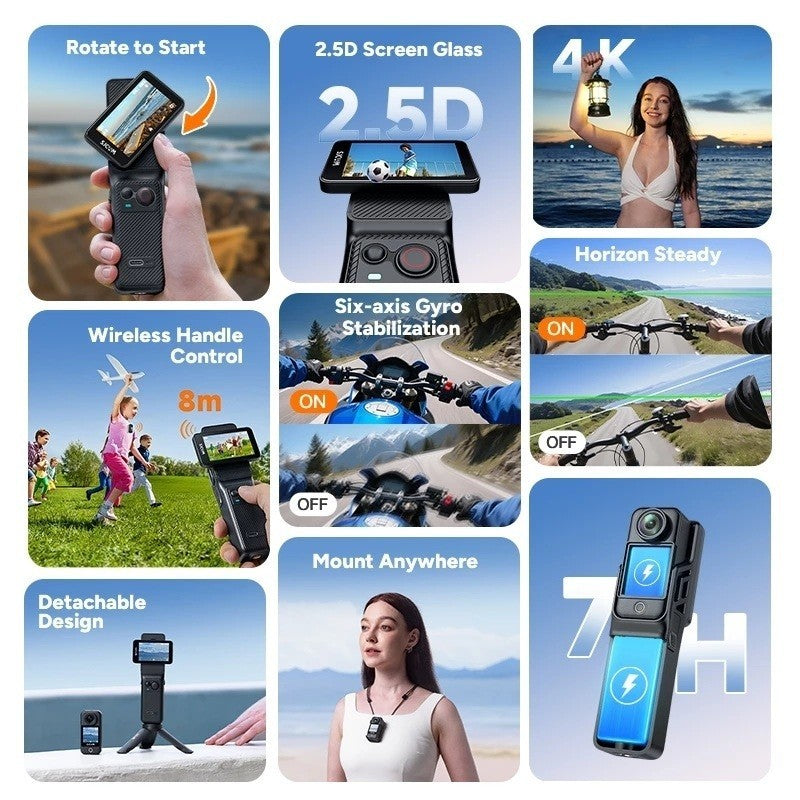 VMIDirect 4K Action Camera with 2.5D Screen, Six-axis Gyro Stabilization, and Detachable Design