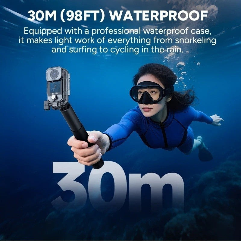 Underwater scene showcasing a woman using a 4K Action Camera while snorkeling at 30 meters depth