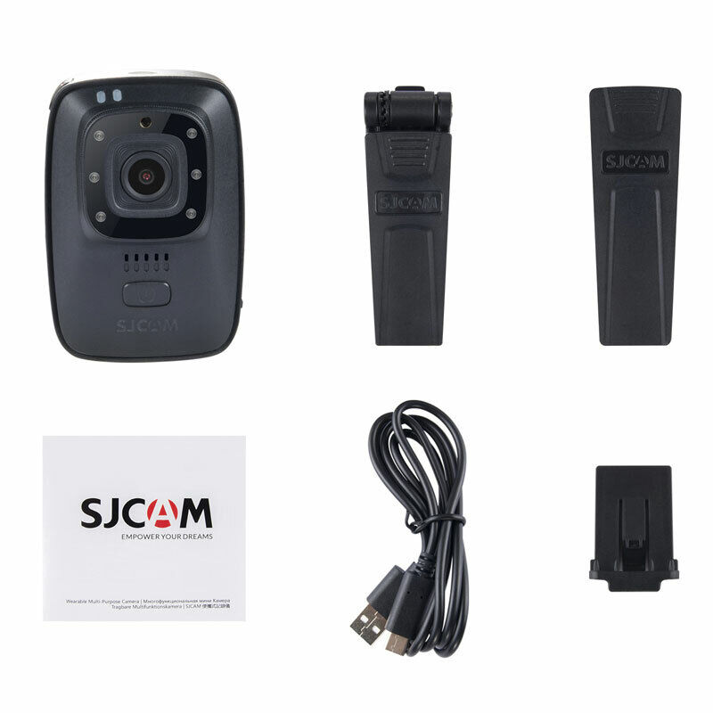 SJCam Action Camera with mounting clips and USB cable, ideal as a Body Camera Wearable