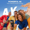 SJCam C400 4K action camera held by a group of friends smiling outdoors in bright colors