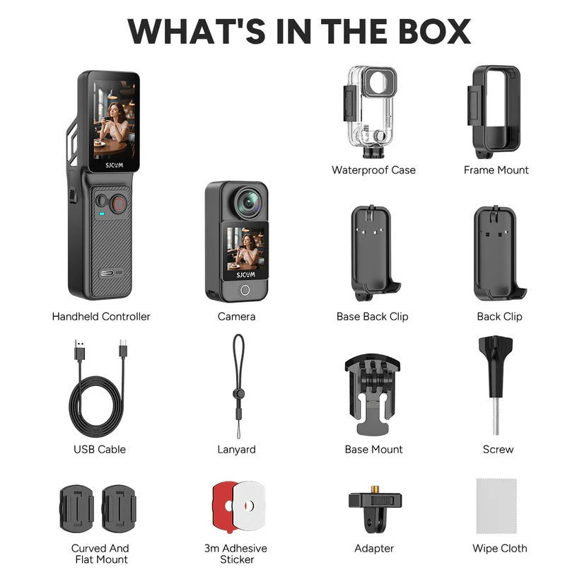 SJCam C400 4K action camera with accessories including waterproof case, controller, mounts, and USB cable