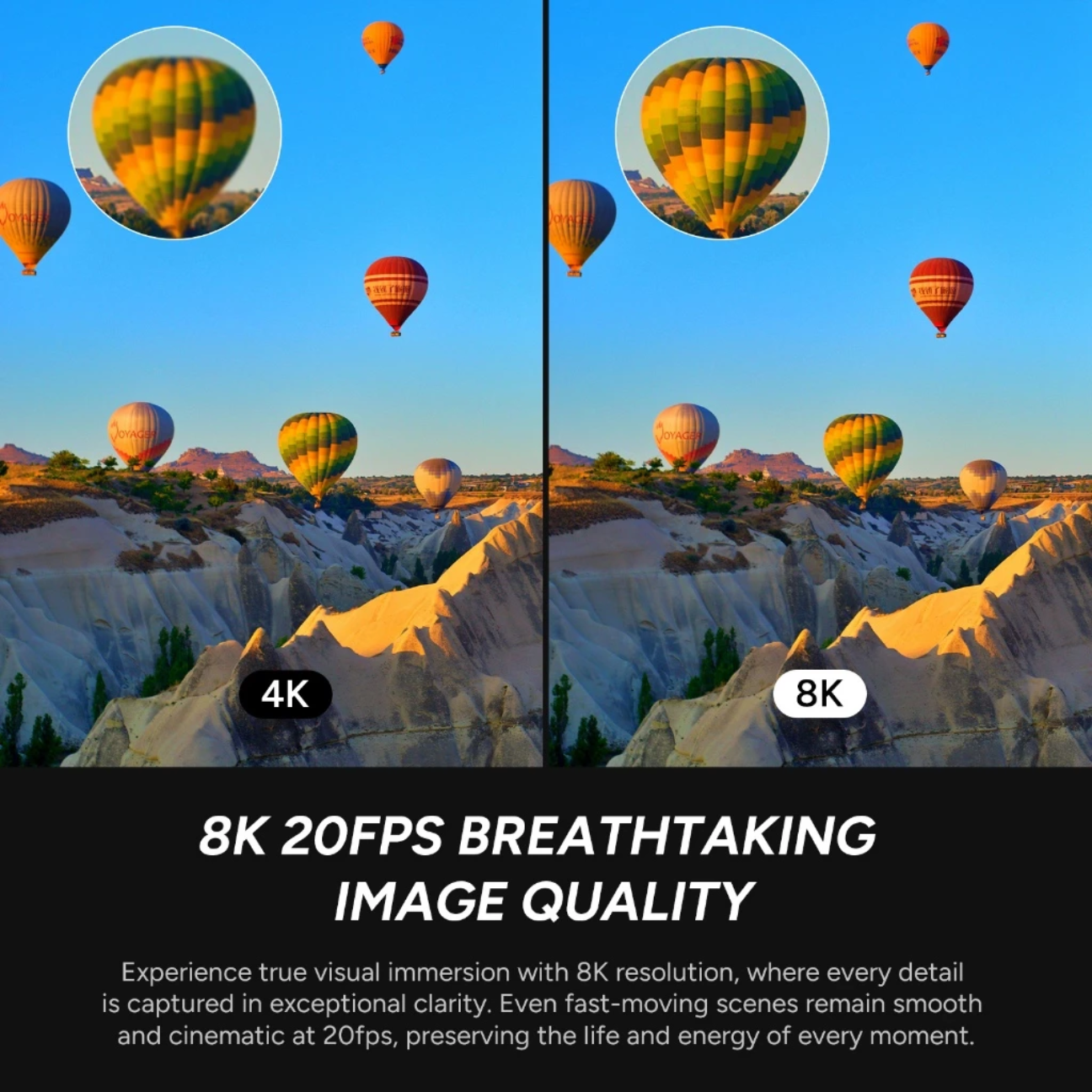 Comparison of 4K and Dual Lens 8K Action Camera quality with hot air balloons in the sky