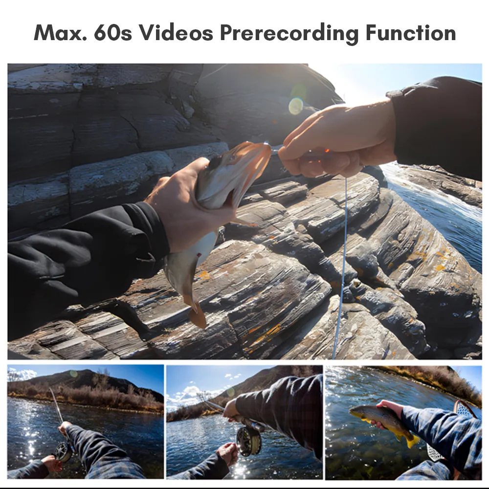 VMIDirect Dual Touchscreen 4K Modular Action Camera capturing fishing action on rocky shore
