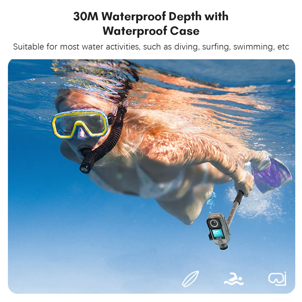 Underwater scene showcasing a diver using the Dual Touchscreen 4K Modular Action Camera with waterproof case