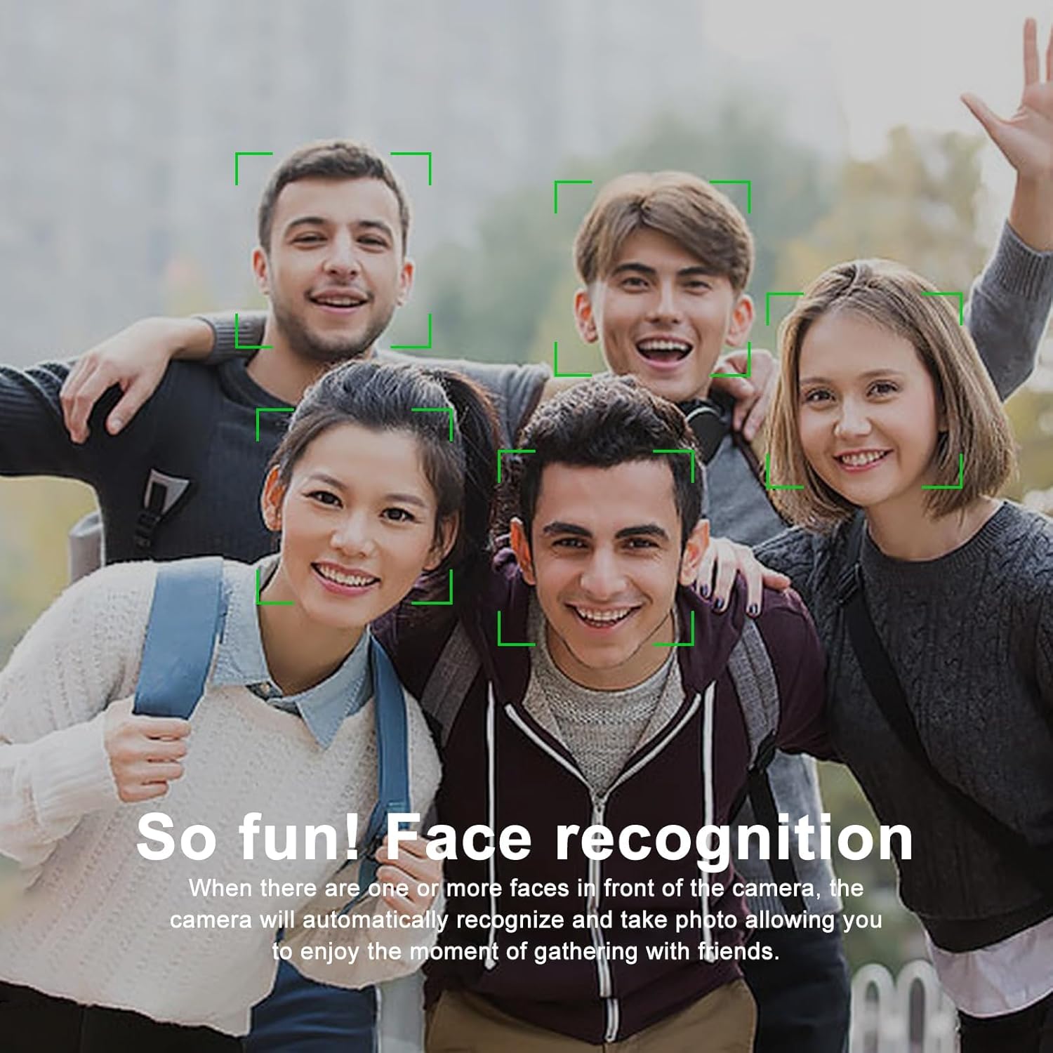 Group of friends enjoying together with a Mini Thumb Camera featuring face recognition technology
