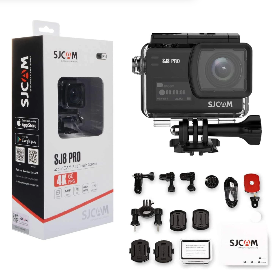 SJ8 Pro Action Camera with 4K 60 FPS recording and various mounting accessories included