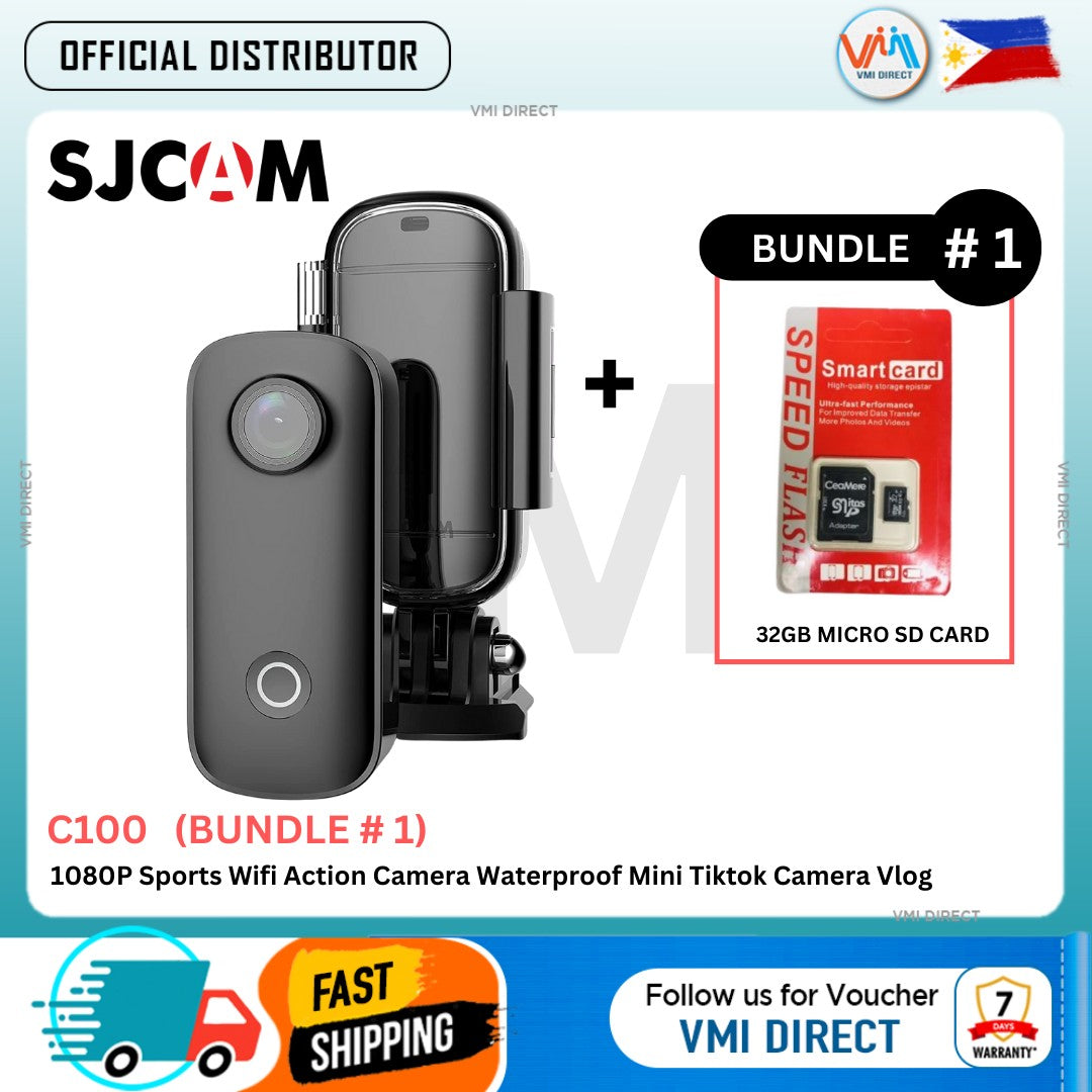 SJCAM C100 Action Camera with 32GB Micro SD Card, Waterproof Mini Wearable Sports Cam for Vlogging