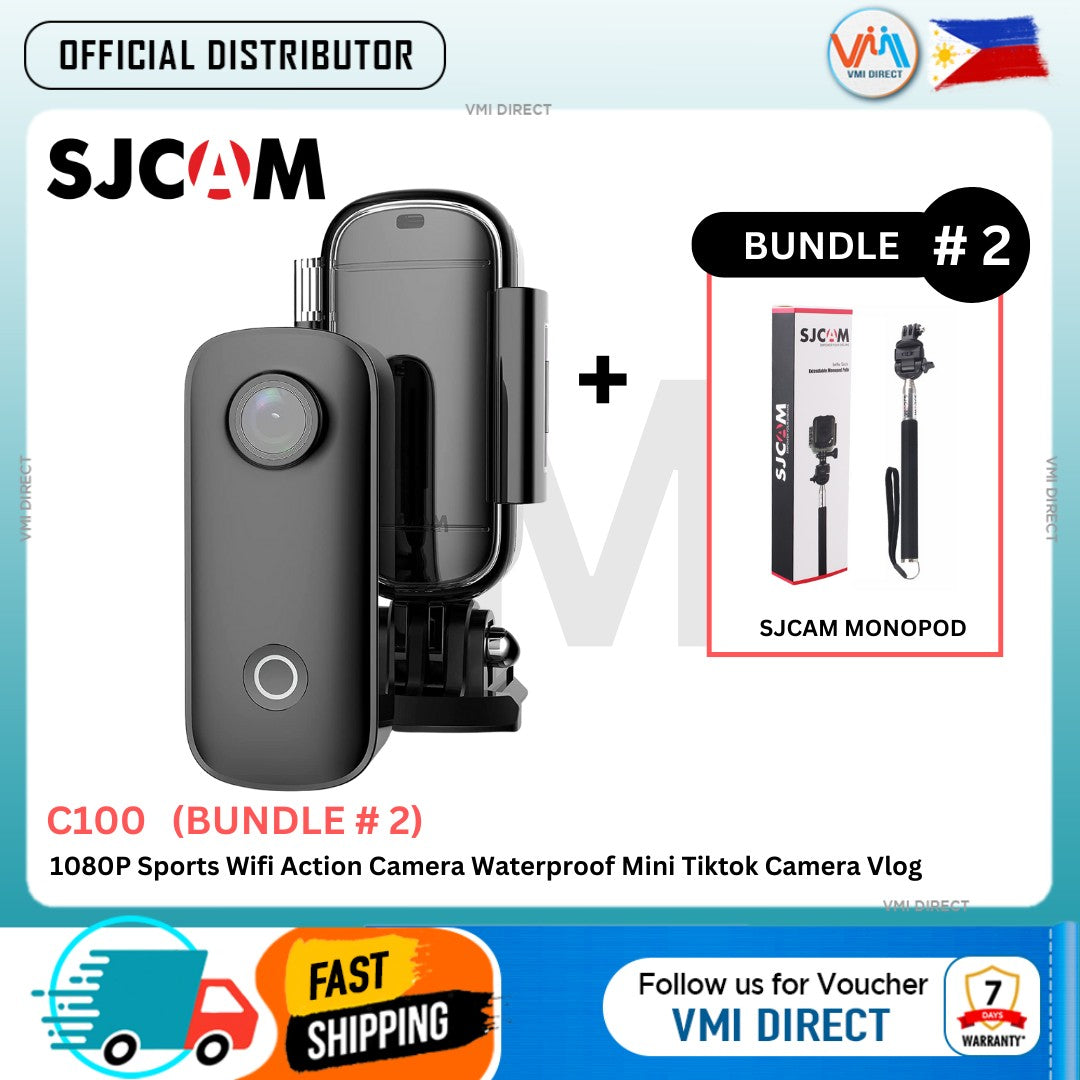 SJCAM C100 Bundle with Monopod includes Waterproof Mini Wearable Sports Cam for vlogging