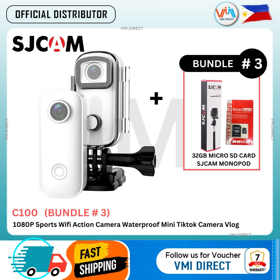 SJCam C100 Action Camera Bundle with Micro SD Card and Monopod, Waterproof Mini Wearable Sports Cam