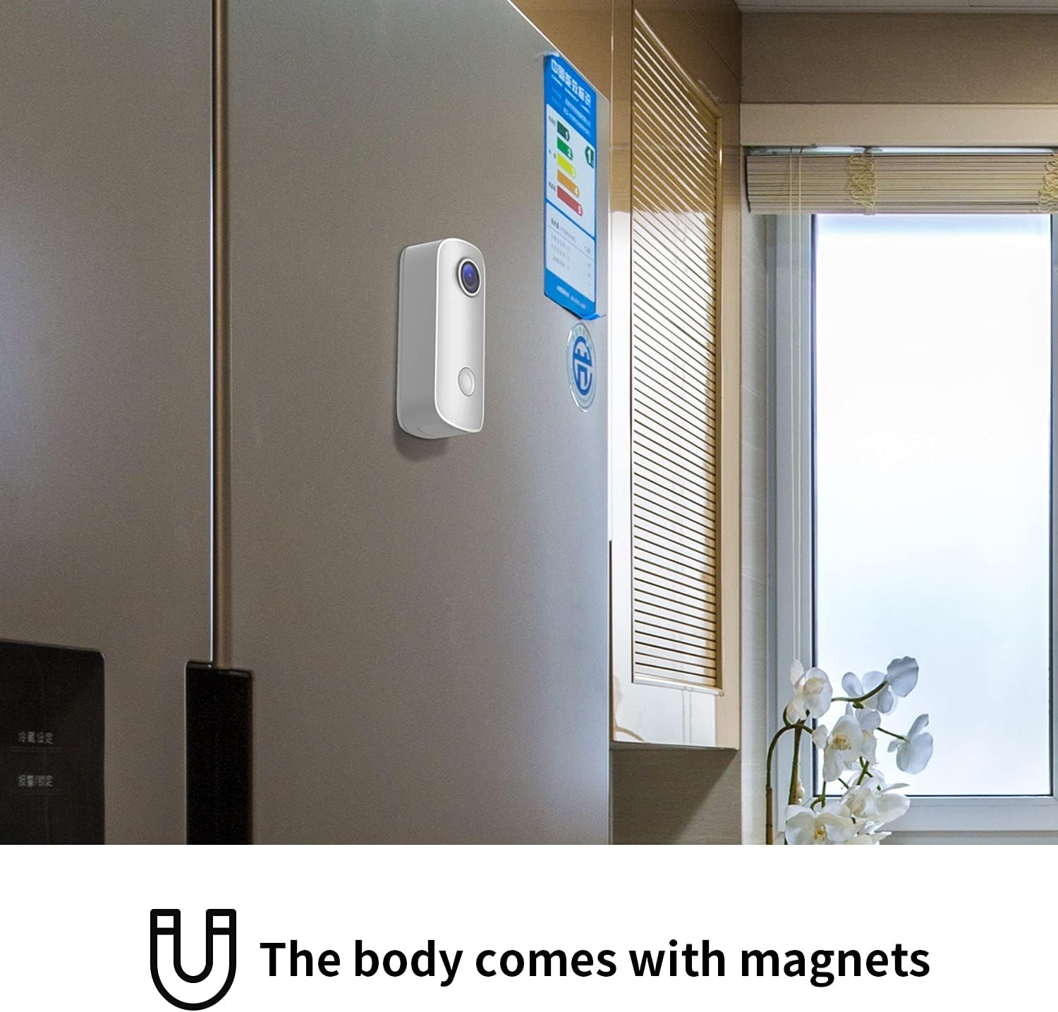 VMIDirect Waterproof Mini Wearable Sports Cam mounted on a refrigerator for convenient use
