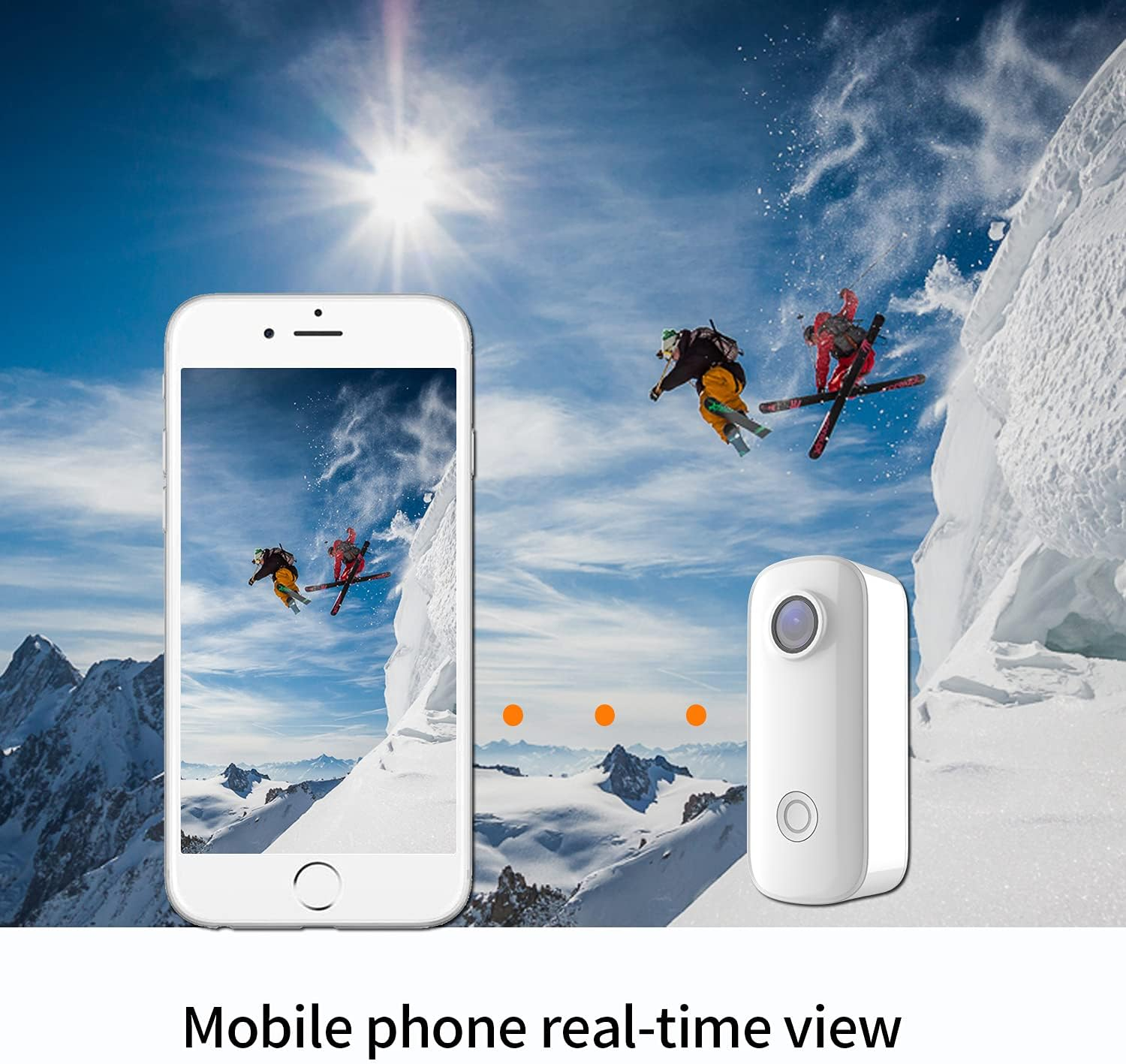 VMIDirect Waterproof Mini Wearable Sports Cam capturing adventurous skiing moments with real-time mobile view