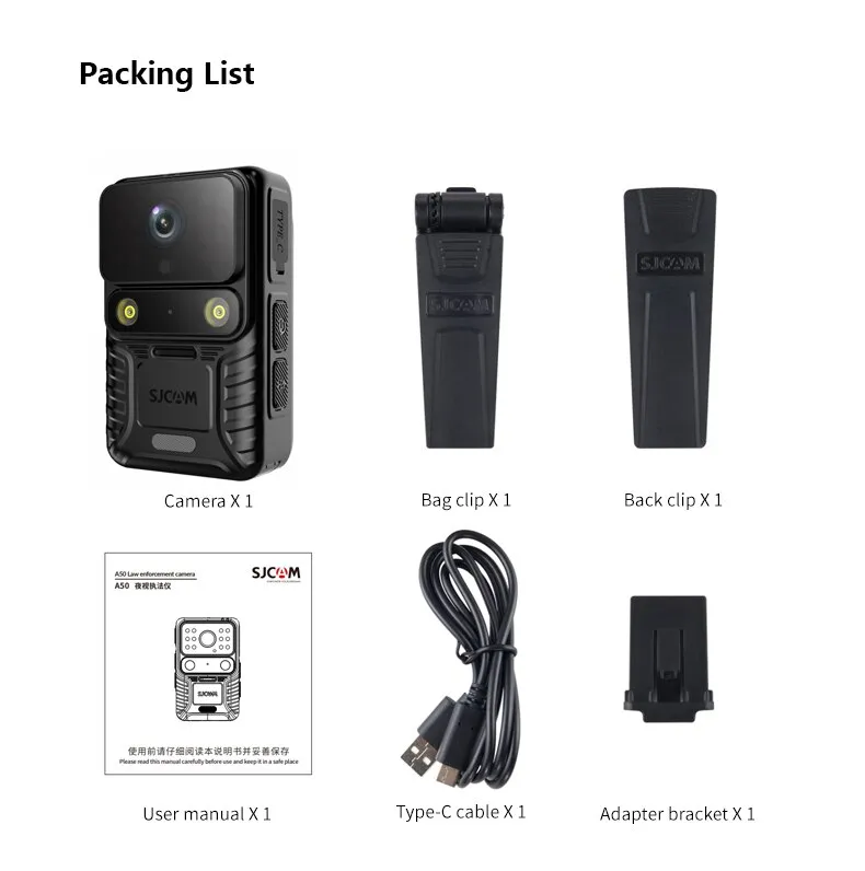 VMIDirect Wearable 4K Body Camera with essential accessories including clips and USB cable
