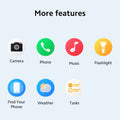 Features of the Smart Health Monitoring Watch including camera, calls, music, flashlight, weather, and more