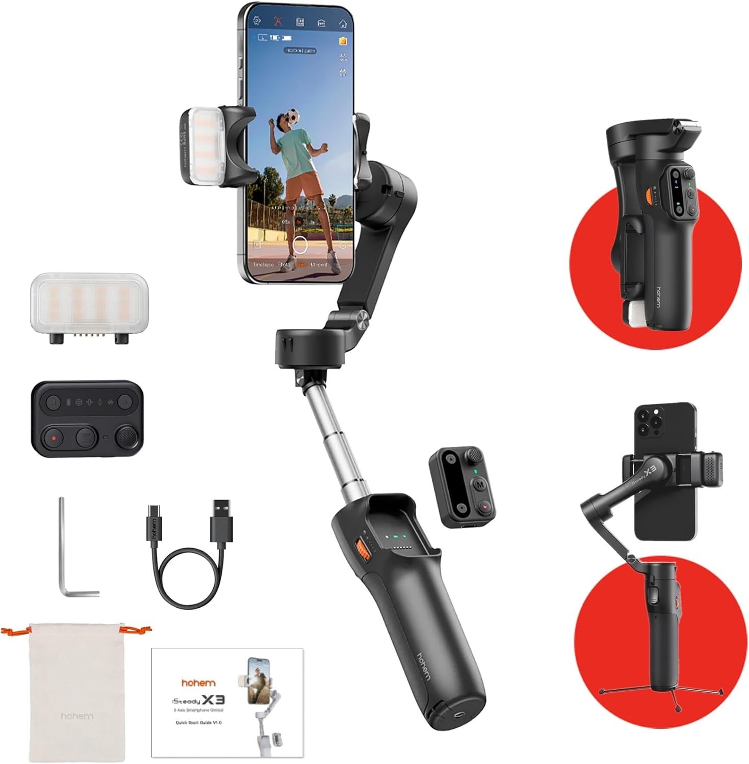 Smartphone gimbal stabilizer with built-in light and remote for smooth videos and photos