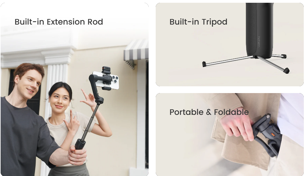 Smartphone gimbal stabilizer with built-in tripod and extension rod for stable photography