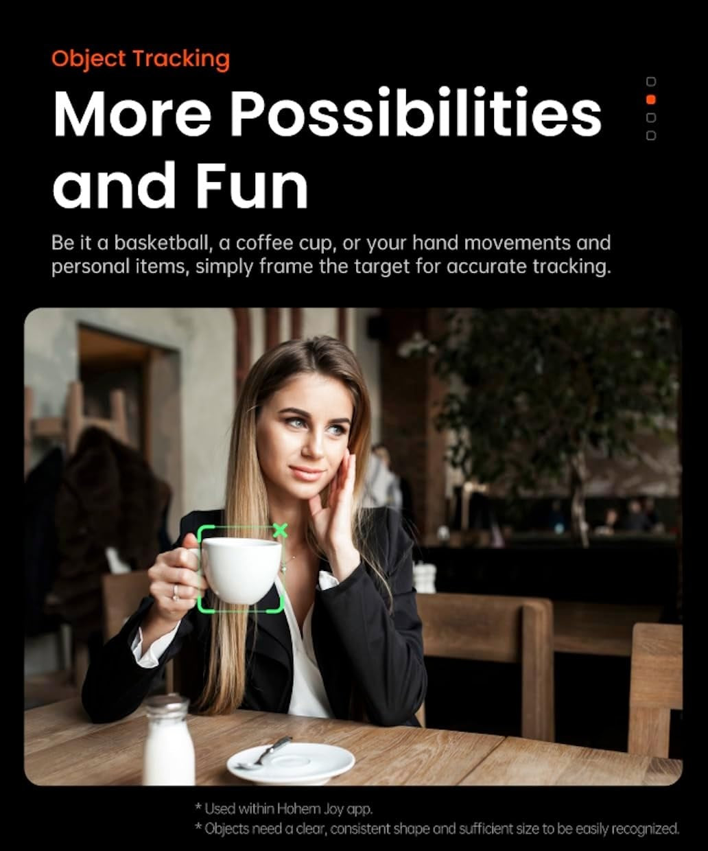 Smartphone gimbal stabilizer shown tracking hand movements and objects like a coffee cup