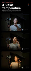 Smartphone gimbal stabilizer with adjustable 3-color temperature settings for perfect lighting