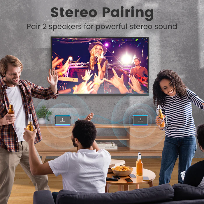 Group enjoying music with VMIDirect Bluetooth Karaoke Speaker for stereo pairing and powerful sound