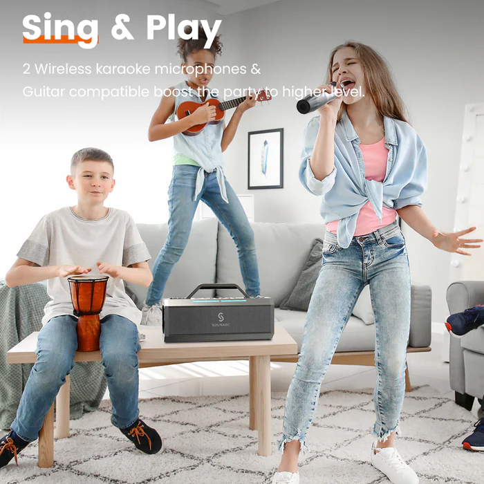 Children enjoying music with a Portable Bluetooth Karaoke Speaker and wireless microphones in a cozy environment