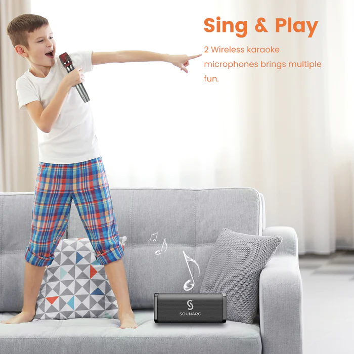Child singing with a microphone using a Portable Bluetooth Karaoke Speaker for fun music sessions