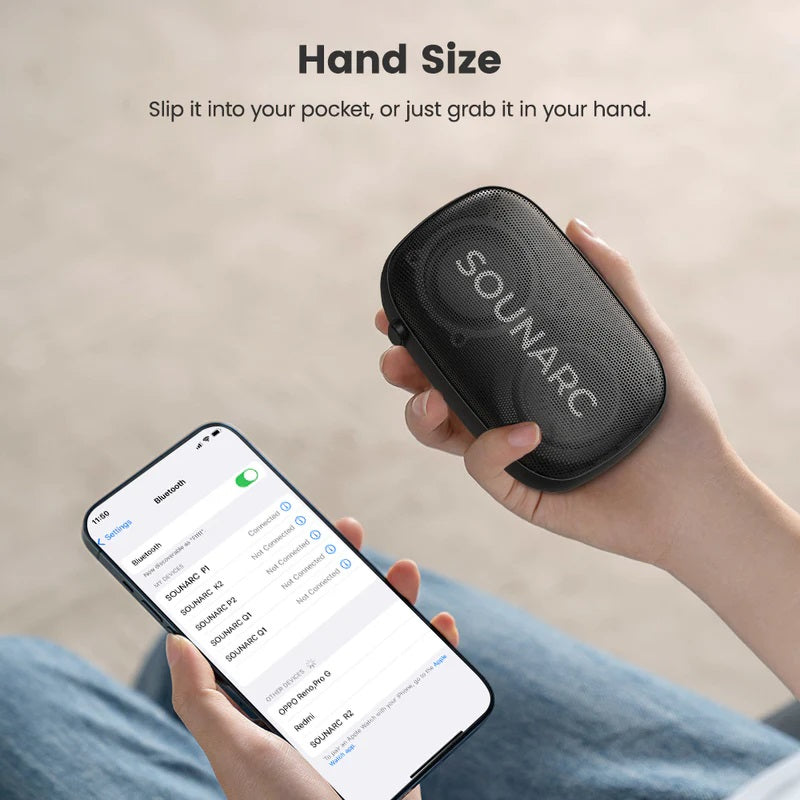 VMIDirect Portable Outdoor Speaker held in hand with a smartphone displaying connection options